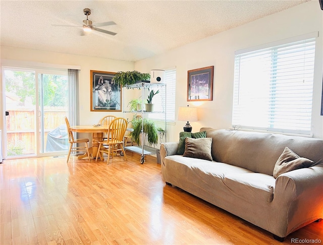 12935 W 64th Dr Unit D, Arvada, CO 80004 - living area featuring light wood-type flooring, a textured ceiling, and a ceiling fan