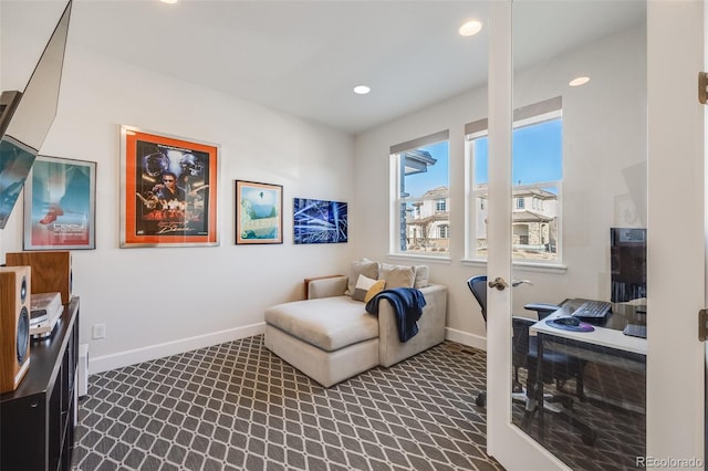 home office with baseboards, dark carpet, french doors, and recessed lighting