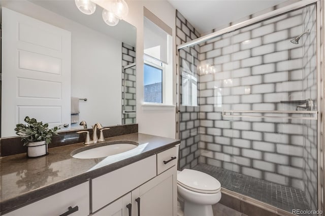 bathroom with toilet, a shower stall, and vanity