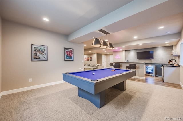 playroom featuring baseboards, recessed lighting, light colored carpet, and wet bar