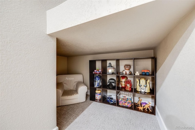 sitting room with carpet flooring, a textured wall, and baseboards