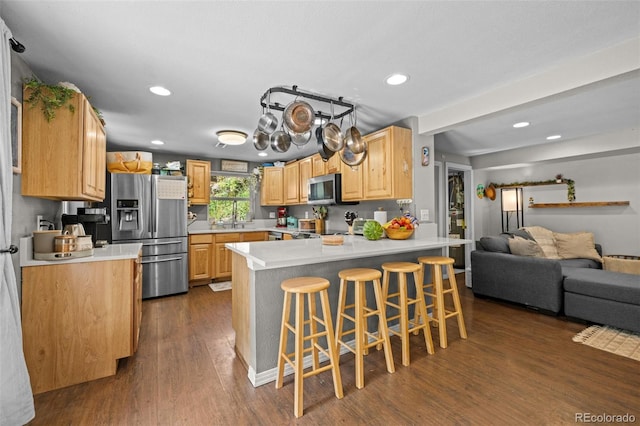 5211 Parmalee Gulch Rd, Indian Hills, CO 80454 - kitchen featuring stainless steel appliances, dark wood-style flooring, a peninsula, a breakfast bar, and light countertops