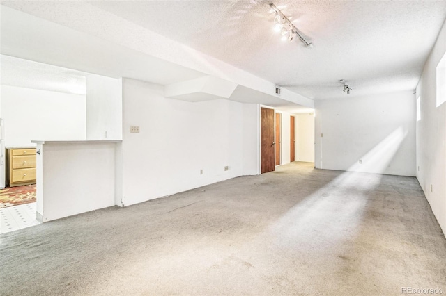 1457 S Franklin St, Denver, CO 80210 - unfurnished living room featuring track lighting, light carpet, and a textured ceiling