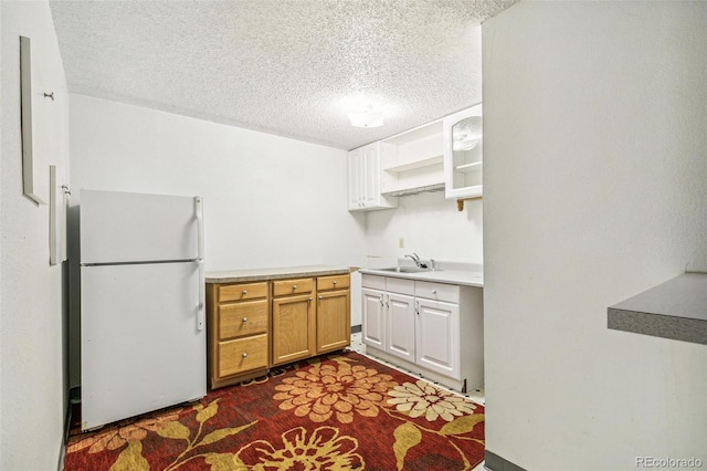 1457 S Franklin St, Denver, CO 80210 - kitchen featuring freestanding refrigerator, a textured ceiling, a sink, light countertops, and open shelves