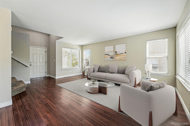 living room featuring baseboards, plenty of natural light, and wood finished floors