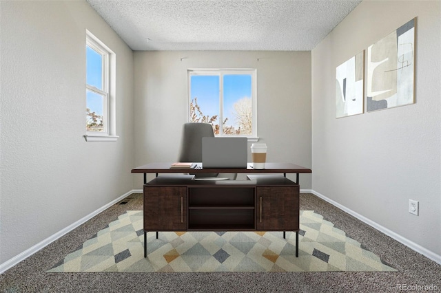 office with a textured ceiling, baseboards, and carpet floors