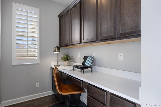 office with dark hardwood / wood-style flooring and built in desk