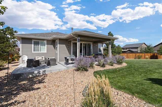 back of house featuring an outdoor hangout area, a yard, a patio area, and central AC unit