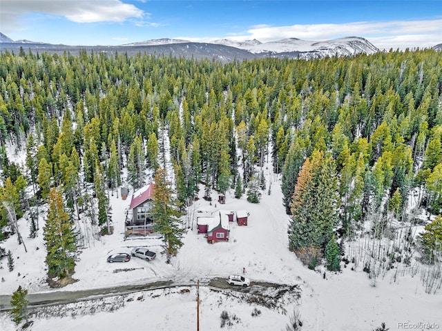 snowy aerial view featuring a mountain view