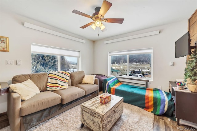 living room with hardwood / wood-style flooring and ceiling fan