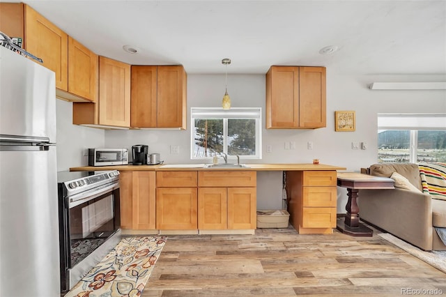 kitchen with sink, decorative light fixtures, a wealth of natural light, stainless steel appliances, and light hardwood / wood-style floors