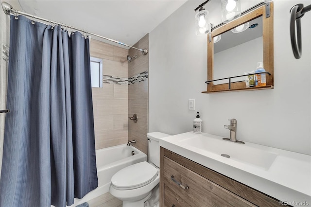 full bathroom with vanity, toilet, and shower / bathtub combination with curtain