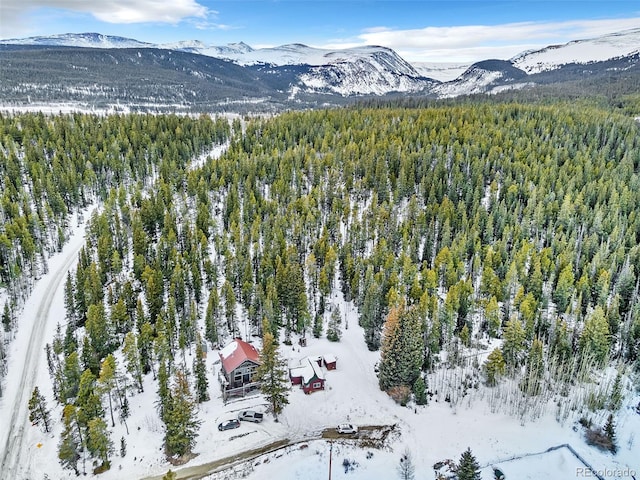 snowy aerial view with a mountain view