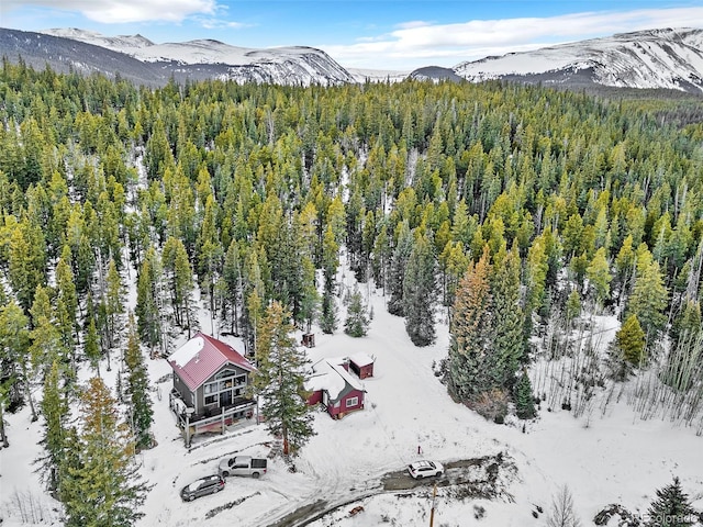 snowy aerial view featuring a mountain view