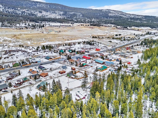 snowy aerial view featuring a mountain view