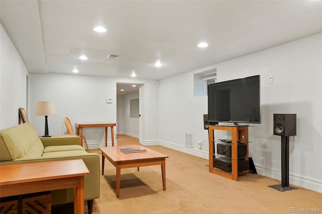 living room featuring light colored carpet