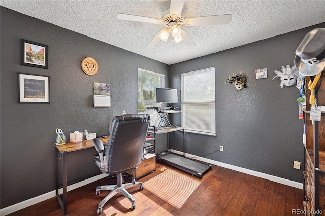 3904 Breaking Dawn St, Colorado Springs, CO 80925 - home office with a textured wall, a textured ceiling, wood finished floors, ceiling fan, and baseboards
