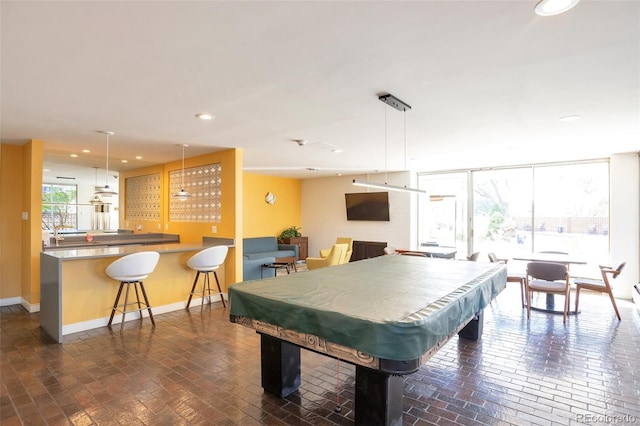 rec room with recessed lighting, brick floor, baseboards, and billiards