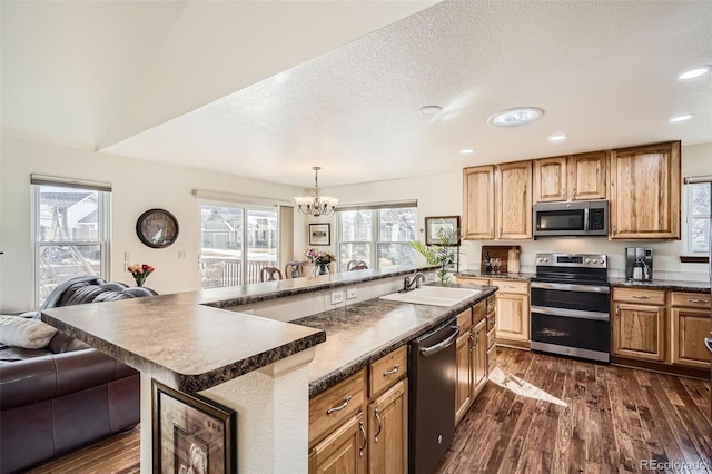 kitchen with appliances with stainless steel finishes, dark countertops, dark wood finished floors, and a sink