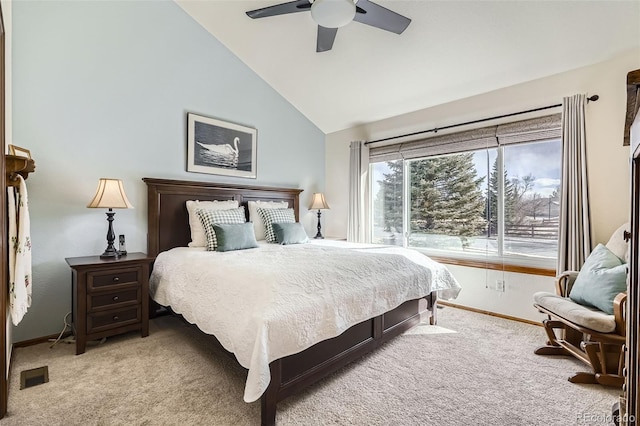 bedroom with light colored carpet, ceiling fan, visible vents, and baseboards