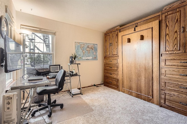 carpeted home office with a textured ceiling, a textured wall, and baseboards