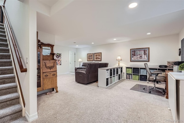 office space with carpet, baseboards, and recessed lighting