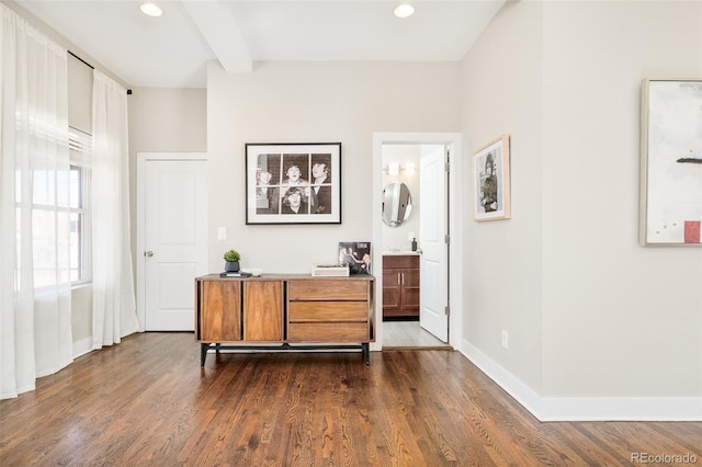 interior space with beamed ceiling, dark wood-style flooring, recessed lighting, and baseboards