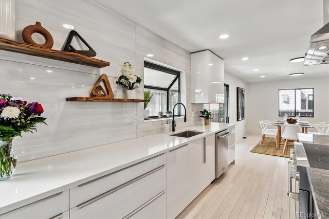 kitchen featuring white cabinets, appliances with stainless steel finishes, light wood-style floors, open shelves, and a sink