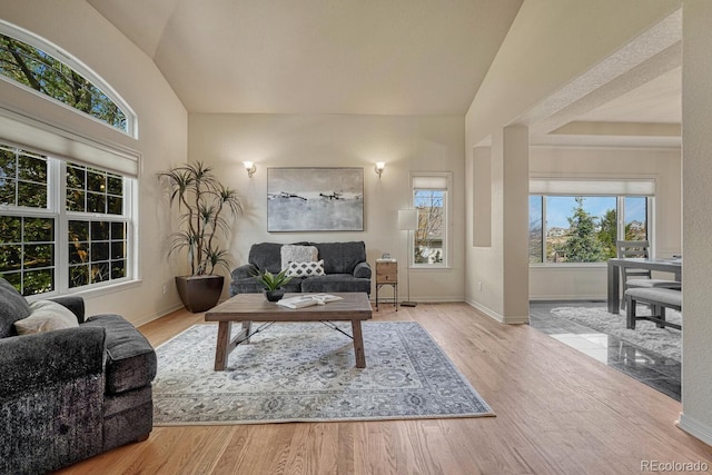 580 Eagle Nest Ct, Golden, CO 80401 - living room featuring vaulted ceiling, wood finished floors, and baseboards