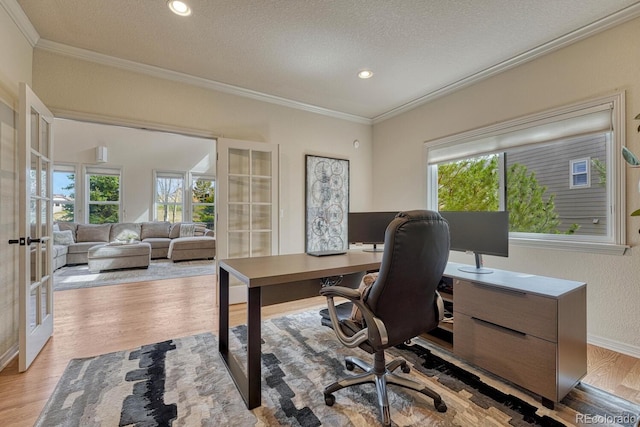 580 Eagle Nest Ct, Golden, CO 80401 - office space featuring french doors, crown molding, a textured ceiling, wood finished floors, and recessed lighting