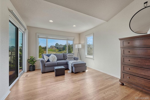 580 Eagle Nest Ct, Golden, CO 80401 - living area with light wood-style floors, a textured wall, a textured ceiling, baseboards, and recessed lighting