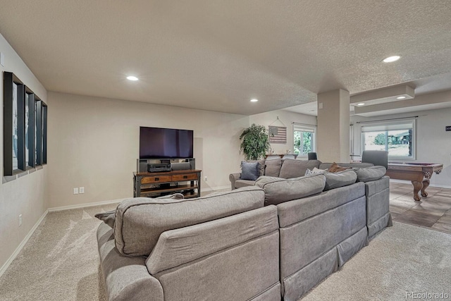 580 Eagle Nest Ct, Golden, CO 80401 - carpeted living room with billiards table, recessed lighting, a textured ceiling, and baseboards