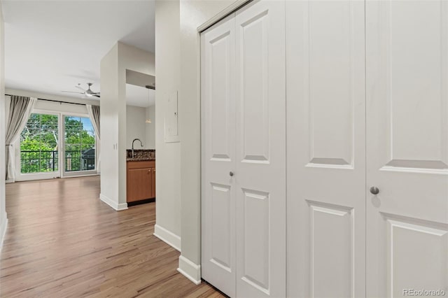 hall with sink and light hardwood / wood-style flooring