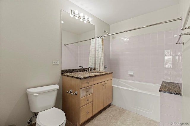 full bathroom featuring vanity, shower / tub combo with curtain, and toilet