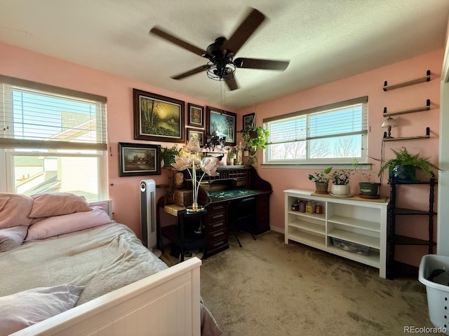 bedroom with ceiling fan, carpet floors, multiple windows, and a textured ceiling