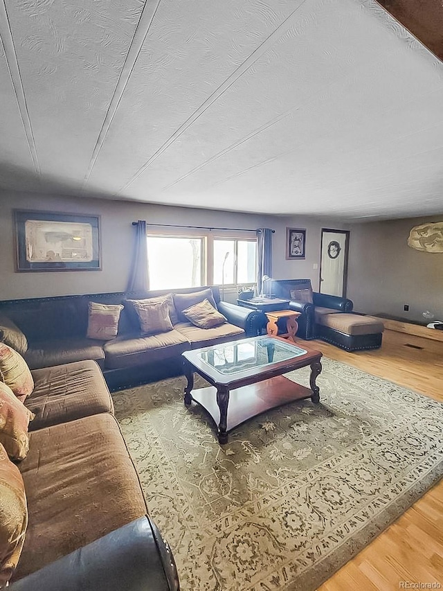 living room with hardwood / wood-style flooring and a textured ceiling