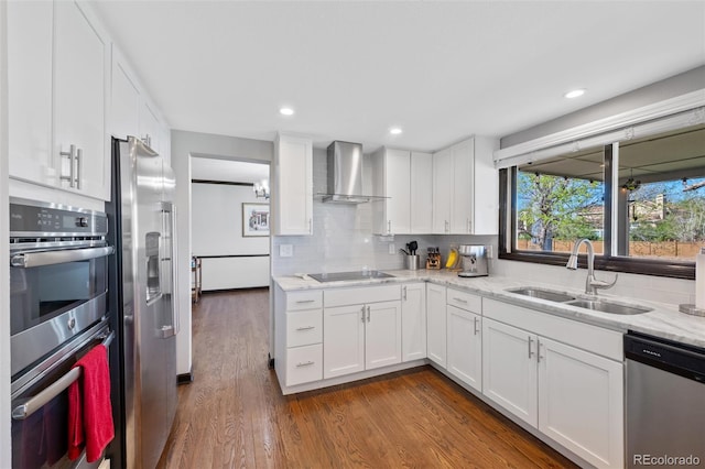 kitchen with stainless steel appliances, decorative backsplash, a sink, and wall chimney exhaust hood