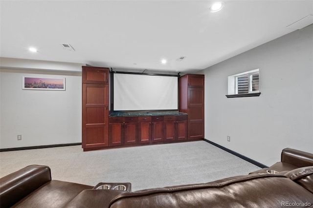 cinema room with carpet floors, recessed lighting, baseboards, and visible vents