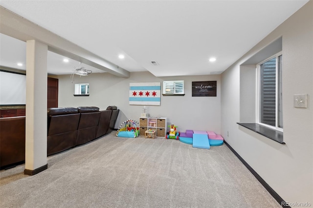 playroom featuring carpet flooring, recessed lighting, baseboards, and visible vents