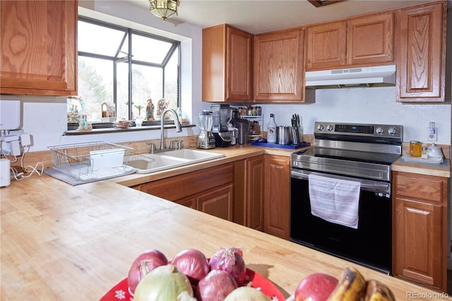 kitchen featuring brown cabinetry, a sink, stainless steel range with electric stovetop, and under cabinet range hood