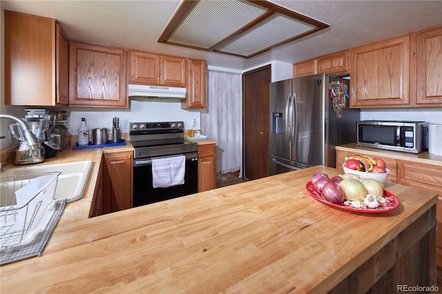 kitchen with a sink, appliances with stainless steel finishes, under cabinet range hood, and wood counters