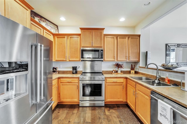 kitchen featuring sink, dark wood-type flooring, and high quality appliances