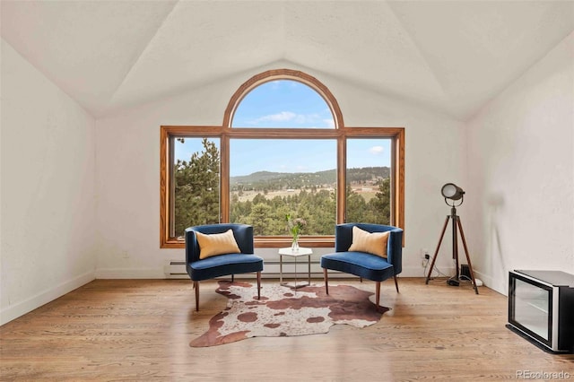 sitting room with baseboard heating, wood finished floors, baseboards, a mountain view, and lofted ceiling