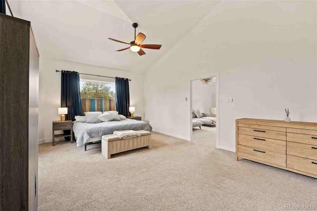 bedroom featuring high vaulted ceiling, baseboards, a ceiling fan, and light colored carpet