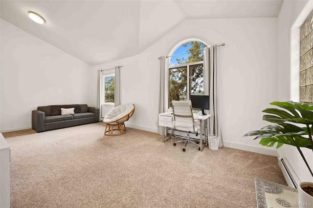 24140 US Highway 40, Golden, CO 80401 - carpeted home office with lofted ceiling, baseboard heating, healthy amount of natural light, and a baseboard heating unit