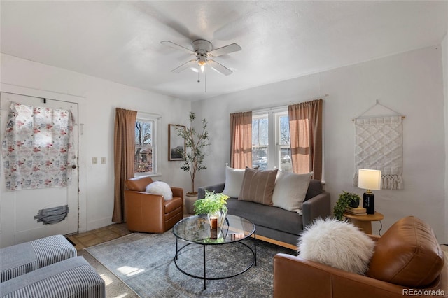 living room featuring ceiling fan