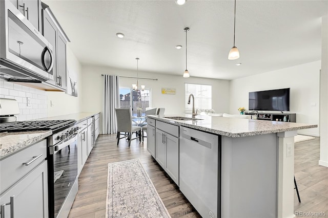 kitchen with sink, a kitchen island with sink, pendant lighting, and appliances with stainless steel finishes