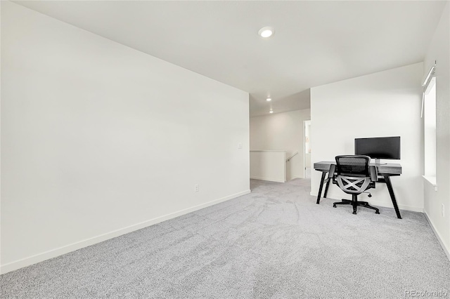 office featuring carpet flooring, baseboards, and recessed lighting