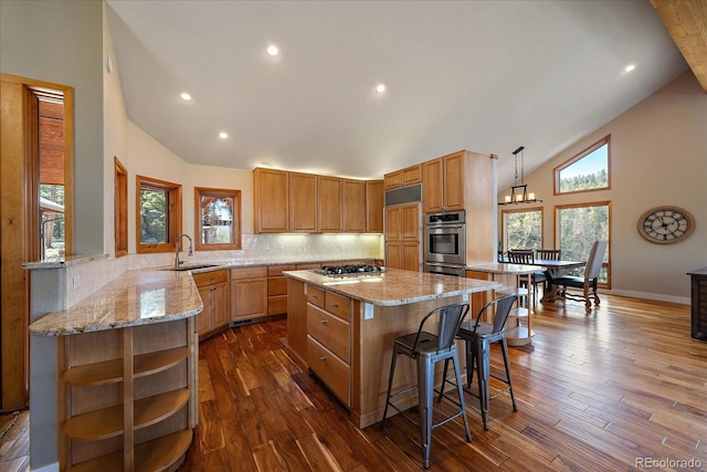 26452 Wolverine Trl, Evergreen, CO 80439 - kitchen with stainless steel appliances, a sink, high vaulted ceiling, plenty of natural light, and a kitchen bar