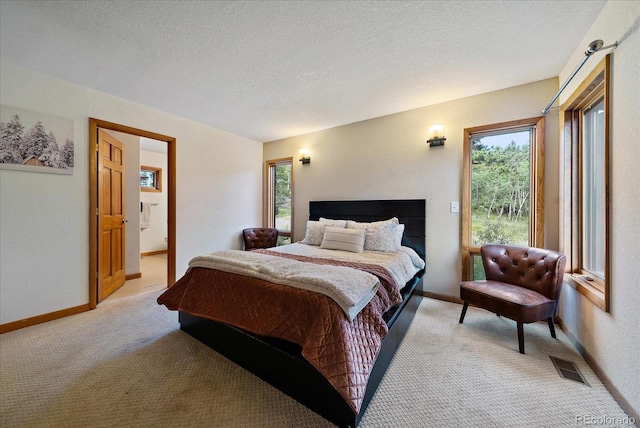 26452 Wolverine Trl, Evergreen, CO 80439 - bedroom featuring light carpet, a textured ceiling, baseboards, and connected bathroom
